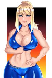 1girls beauty_mark big_breasts bimbo blonde_hair blue_eyes breasts casual_outfit_(metroid) cleavage female female_only jacket large_breasts looking_at_viewer metroid navel nintendo ponytail samus_aran shorts sidelocks simple_background smile solo sweat sweatdrop sweaty sweaty_breasts tight_clothing timeless-t unzipped unzipping zipper zipper_pull_tab