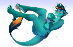 1girls female female_only solo floating lizard reptile scappo unadi scalie anthro areola biped breasts cuff_(restraint) feet handcuffed handcuffs metal_cuffs nipples restraints tail toes underwater water hi_res nude nude_female areolae 4_toes