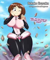 1girls big_breasts bluegraves bodysuit boots breasts brown_eyes brown_hair busty censored cleavage clothed cosplay costume curvaceous curvy female female_only female_superhero hourglass_figure huge_breasts legs my_hero_academia ochako_uraraka outfit skin_tight solo solo_female solo_focus superhero superheroine teenager thick_thighs thighs thin_arms thin_waist voluptuous wide_hips