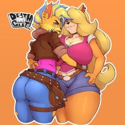 2girls activision anthro ass bandicoot big_ass big_breasts big_butt blonde_hair blue_eyes blue_hair bottom_heavy breasts bubble_ass bubble_butt cleavage clothed counterpart crash_(series) crash_bandicoot_4:_it's_about_time earrings fat_ass fat_butt female female_only females females_only green_eyes hair_over_one_eye huge_breasts jeans large_ass large_breasts large_butt looking_at_viewer looking_back marsupial marsupial_humanoid mrdeathcat pants pirate_tawna selfcest smile smirk sony_corporation tawna_bandicoot tawna_bandicoot_(crash_4) thick_ass thick_thighs tight_jeans tight_pants top_heavy two_tone_hair wide_hips yuri