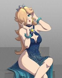 1girl 1girls blonde blonde_female blonde_hair blue_dress boob_window boobs breasts crossed_legs crown female female_focus female_only high_slit_dress ialmar_art mario_(series) no_bra no_panties pale-skinned_female pale_skin princess_rosalina silver_crown star_earrings starry_night_dress_(sarukaiwolf) super_mario_galaxy thick_thighs thighs white_skin woman