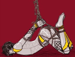 1boy 2014 ankles_bound ankles_tied ankles_tied_together armor armored_male arms_behind_back bad_id bad_pixiv_id bdsm belt black_hair black_hair_male bondage chest_on_ground cloth_gag gag gagged glaring glaring_at_viewer hands_behind_back head_down head_down_ass_up helmet_removed kamen_rider kamen_rider_gaim_(series) kamen_rider_zangetsu knees_on_ground lying_on_front male male_focus male_only mask_off mask_removed on_front on_ground red_background restrained rope rope_around_arms rope_around_waist rope_bondage shibari sketch solo takatora_kureshima tied_arms_behind_back white_armor wrists_bound wrists_tied
