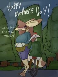 2026 blush brown_body canid canine clothed clothing digital_media_(artwork) egg english_text father_(lore) fennec_fox fez fox hat headgear headwear hi_res holidays mammal miteling mother's_day mother_(lore) mother_and_father_(lore) multicolored_body nara_(minty_flur) outside parent_(lore) partners plant rockpankake roi_(rockpankake) size_difference standing text tree true_fox two_tone_body unicycle vehicle white_body yellow_body
