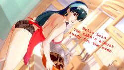 3d apron black_hair dialogue english_text looking_over_shoulder panties perfect_idiot spy_x_family yor_briar