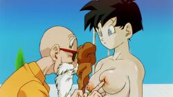 dragon_ball dragon_ball_z edited master_roshi muten_roushi nude_edit nude_filter old_male pinching_nipples screencap screenshot_edit topless_female videl videl_(short_hair)