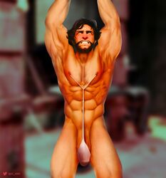 1boy abs armpits banana_hammock beard biceps bulge captured flaccid flaccid_cock huge_cock male male_only mankini marvel marvel_comics nipple_clamp_pull nude pecs pierced_nipples piercing qai_san solo solo_male thick_thighs tied_up wolverine_(x-men) x-men yaoi