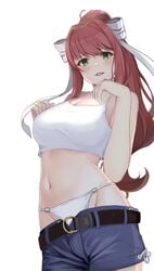 1girls belly_button big_breasts bow breasts brown_hair cleavage doki_doki_literature_club female female_only green_eyes hair_ribbon hairbow happy_female hips horny horny_female hourglass_figure long_hair looking_at_viewer looking_down monika_(doki_doki_literature_club) navel nurumaru_yu panties ponytail ribbon shorts shorts_down shorts_pull slq smile solo solo_female tank_top thick_thighs thong tongue tongue_out topwear white_bow white_panties white_ribbon white_thong white_topwear