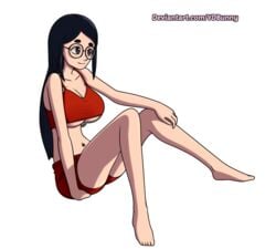 1girls animated barefoot black_hair breast_expansion breasts cleavage female female_only fully_clothed glasses huge_breasts long_hair navel navel_piercing solo underboob ydbunny