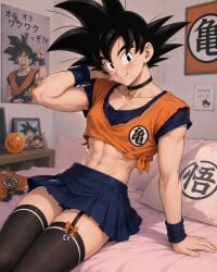 ai_generated blushing choker crop_top crossdressing dilf dragon_ball femboy femboy_dilf feminine_male looking_at_viewer male_focus male_only muscular_femboy skirt solo solo_male son_goku thighhighs trap