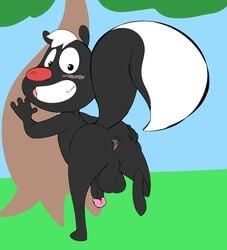 1boy against_tree anus ass balls dangling_testicles flaccid flaccid_penis fur furry furry_only gay male male_only penis skunk skunk_(skunk_fu!) skunk_fu! smiling solo staring_at_viewer yaoi