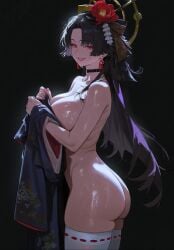 1girl ai_generated ass bangs black_background black_choker black_hair breasts choker clothing copyright_notice cowboy_shot cum cum_on_ass cum_on_body dark_background earrings english_text enjisd female floral_print flower from_side grin hair_flower hair_ornament halo holding holding_clothes hotori_(neverness_to_everness) japanese_clothes jewelry kanzashi kimono large_breasts legwear lipstick long_hair looking_at_viewer looking_to_the_side makeup naked_kimono neverness_to_everness nude official_alternate_costume parted_bangs parted_lips red_eyeliner red_eyes red_flower red_nails ribbon ribbon_trim simple_background skindentation smile solo standing sweat thighhighs thighs traditional_clothes very_long_hair very_sweaty wafuku white_thighhighs