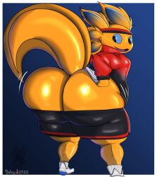 1boy 5_fingers anthro ass axo_(fortnite) axolotl big_ass black_shorts booty_shorts bubble_butt clothed dolphin_shorts evil_container fortnite fortnite:_battle_royale furry gluteal_fold gun male male_only multicolored_body object_between_ass purple_body red_body rixtry_oficial shoes side_view sideass solo tagme tail tank_top