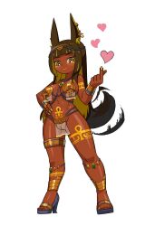 1girl absurdres ancient_egyptian animal_ears ankh blunt_ends bodypaint breasts brown_hair colored_inner_hair dark-skinned_female dark_skin f.b.w gold_lips highres jackal_ears jackal_girl jackal_tail large_breasts licking_lips long_hair looking_at_viewer multicolored_hair nipple_cutout nipple_piercing nipples open_mouth original parted_lips piercing simple_background solo standing tongue tongue_out white_background