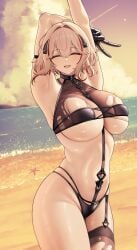 1girl absurdres arm_strap armpits arms_up azur_lane beach bikini black_bikini blonde_hair blush breasts chain closed_eyes collar collarbone commentary cross-laced_bikini cross-laced_clothes garter_straps gloves hair_ornament half_gloves highres large_breasts latex latex_bikini latex_gloves looking_at_viewer multi-strapped_bikini_bottom multicolored_hair navel ocean open_mouth outdoors red_hair red_streaks roon_(azur_lane) sand shiny_skin short_hair single_garter_strap single_thighhigh smile solo standing streaked_hair swimsuit thighhighs torn_bikini torn_clothes underboob v water