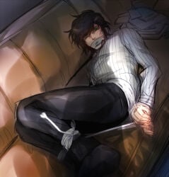 1boy 2014 ankles_bound arms_behind_back bad_id bad_pixiv_id black_hair black_hair_male glaring glaring_at_viewer green_eyes hands_behind_back hogtie hogtied hogtied_and_gagged kamen_rider kamen_rider_gaim_(series) kidnapped kidnapped_male male male_focus male_only no_sex on_sofa pov restrained restrained_ankles restrained_wrists shadow sofa solo staring staring_at_viewer sweater takatora_kureshima tape taped_mouth tied_ankles tied_wrists white_rope wrists_bound wrists_tied wrists_tied_to_ankles