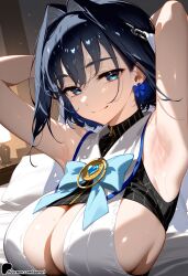 1girl ai_generated armpits blue_eyes breasts earrings hololive hololive_english large_breasts looking_at_viewer ouro_kronii smile sunori sweat virtual_youtuber