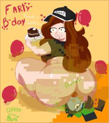 dakko_(dakkodanth) dakkodanth blair_(gobrush) happy happy_birthday birthday bubble_butt bubble_ass ass butt fart fart_fetish farting farting_in_face farting_on_face accidental_fart 1girl 1boy chubby chubby_female cake surprised surprised_expression sniffing sniffing_ass sniff pixel_art pixel_(artwork)