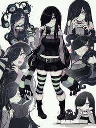 1girls aria_(parororo) aria_wintermint black_hair blush book boots choker cleavage female fishnets goth green_eyes hair_over_one_eye heart long_hair original pale-skinned_female pale_skin parororo scarf source_request stockings tagme thighhighs