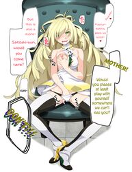 1girls blonde_hair blush breast_grab breasts chair drooling female_masturbation green_eyes human kousaka_jun long_hair lusamine_(pokemon) masturbation nintendo nipples one_breast_out pokemon pokemon_sm sitting solo spread_legs translated