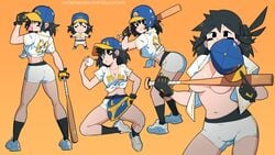 1girls 69_(number) ass baseball_bat baseball_cap baseball_uniform bent_over cleavage convenient_censoring exposed_breasts lucia_(scott_malin) meme multiple_poses open_clothes open_shirt scott_malin shorts source_request tagme the_panty_bear