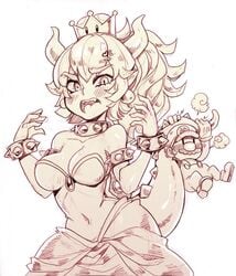 1girls angry bare_shoulders bowsette cleavage dress horns mario mario_(series) monochrome new_super_mario_bros._u_deluxe nintendo parororo rule_63 source_request super_mario_bros. tagme tail