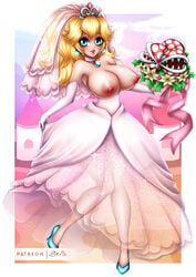 1girls breasts female large_breasts mario_(series) nintendo nipples piranha_plant piranha_plant_bouquet princess_peach solo super_mario_odyssey tagme wedding_dress wedding_peach_(super_mario_odyssey)