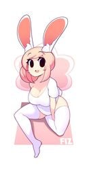 1girls bunny_ears clothed clothing cute eyebrows_visible_through_hair female female_only fiz fizintine hair_bun large_breasts legwear original pink_hair shirt side_bun sitting skindentation solo thick_thighs thighhighs white_legwear