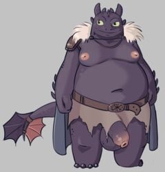 1boy 2021 absurd_res anthro anthrofied balls belly black_body bottomwear clothing dragon dreamworks flaccid genitals hi_res how_to_train_your_dragon humanoid_genitalia humanoid_penis loincloth male male_only mikrogoat moobs navel night_fury nipples overweight overweight_anthro overweight_male penis scalie simple_background solo toothless western_dragon