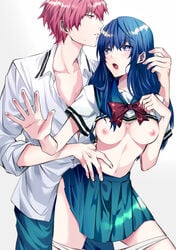 1boy 1boy1girl 1girls blue_eyes blue_hair breasts female light-skinned_female light_skin looking_pleasured panties panties_down pink_eyes pink_hair pleasure_face pleasured saiki_kusuo saiki_kusuo_no_psi_nan sailor_uniform shirt shirt_lift skirt teruhashi_kokomi white_panties