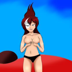 big_breasts breasts ibukibi_loquendo latina looking_at_viewer loquendo nipples red_hair white_mark yellow_eyes