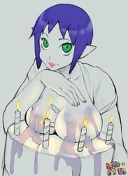 1girls big_breasts blue_hair bombchu_lady breasts candle_wax candles candlestick fire green_eyes large_breasts lewdcactus monochrome namespace ocarina_of_time partially_clothed partially_colored the_legend_of_zelda unknown_liquid wax