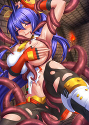 antenna_hair black_pants blazblue blazblue:_central_fiction blazblue_variable_heart blue_hair blush bow breasts captured covering covering_one_breast dungeon female fingerless_gloves genderswap_(mtf) gloves hairbow high_ponytail highres large_breasts lowleg lowleg_pants mai_natsume navel one_breast_out pants red_gloves rule_63 shiboru sweat tears tentacle tentacle_sex tentacles_under_clothes torch torn_clothes yellow_bow