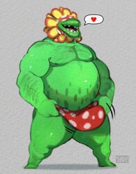 2021 absurd_res anthro arm_hair bara belly big_bulge bodily_fluids body_hair bonicfan123 bouncing_bulge bulge chest_hair clothing drooling elemental_creature flora_fauna flower flufflecraft green_body grey_background heart hi_res lips male male_only mario_(series) motion_lines musclegut muscular muscular_anthro muscular_male navel nintendo nipples open_mouth open_smile petey_piranha piranha_plant plant saliva saliva_string simple_background smile solo spots spotted_body standing super_mario_sunshine thick_lips thick_thighs underwear video_games