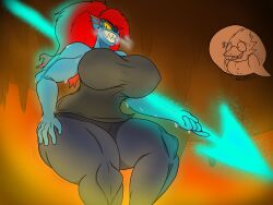 2023 2d alphys big_ass big_breasts big_butt blue_skin bubble_butt eye_patch fish_girl gigigo red_hair sharp_teeth sweat sweating tagme thick_thighs toby_fox undertale undertale_(series) undyne yellow_eyes