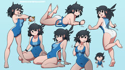 1girls ass black_hair cleavage feet finger_to_mouth key lucia_(scott_malin) multiple_poses on_stomach one-piece_swimsuit scott_malin source_request spread_legs standing sunscreen swimsuit tagme the_panty_bear wariza