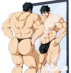 1boy 1male abs ass balls bara big_ass big_muscles big_nipples big_pecs black_hair black_thong bulge dumbbell_nan_kilo_moteru? highres machio_naruzo male male_focus male_only mirror muscle muscles muscular muscular_male muscular_thighs nipples pecs penis pose short_hair simple_background smile solo testicles thick thick_ass thick_penis thick_thighs thong underwear yaoi yaquirobara