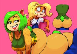 1futa 1girls age_difference ami_bandicoot ass_up big_ass bulge clothed_futanari coco_bandicoot crash_bandicoot_(series) futanari grinding half-dressed large_ass medium_breasts nervous nipples outta_sync seductive_smile toned_female wide_hips younger_futanari