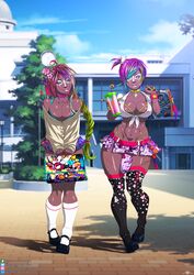 1futa 1girls amaurymangaka bare_midriff big_breasts breasts busty cleavage dark-skinned_female dark-skinned_futanari dark_skin female full_body futanari ganguro gyaru large_breasts makeup nipple_piercing outdoors overflowing_breasts penis penis_bulge piercing pointy_ears school_uniform schoolgirl shirt skimpy skimpy_clothes sleeves_rolled_up tagme tan tied_shirt