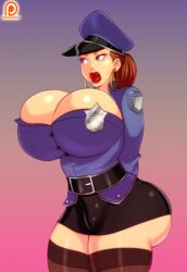 1girls badge belt big_ass big_breasts big_butt big_earrings bimbo breasts brown_eyes brown_hair earrings female fishnets hoop_earrings jasmine_juggs meet_'n'_fuck_games pale_skin pawg police police_hat police_officer police_uniform policewoman raldu short_skirt solo thick_lips thick_thighs