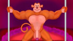 16:9 anthro big_penis genitals half-erect haplorhine hehdgd hi_res kneeling love_bed male mammal monkey monkeybone multicolored_body muscular muscular_male penis primate smiling_at_viewer two_stripper_poles two_tone_body widescreen