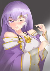 1girls after_facial angry bare_shoulders blush censored clothed cum cum_on_breasts cum_on_face cum_on_hair cum_on_purple_hair facial fire_emblem fire_emblem:_genealogy_of_the_holy_war handjob julia_(fire_emblem) kuroha_koudai long_hair long_purple_hair medium_breasts nintendo one_eye_closed penis_grab purple_eyes purple_hair