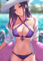 1girls alternate_costume amber_eyes bikini blouse blue_eyes blue_hair caitlyn_kiramman cowboy_shot eyelashes female hat innertube league_of_legends long_hair looking_at_viewer pale_skin pd pool_party_caitlyn pool_party_series purple_bikini purple_eyes purple_hair riot_games slim standing sun_hat wet wet_clothes