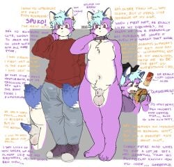 animal_genitalia animal_penis beverage_can blue_hair blue_tail clothed clothing collar domestic_cat ear_piercing english_text felid feline feline_genitalia feline_penis felis food fully_sheathed fur genitals hair hi_res holding_food holding_object male mammal nude penis piercing purple_body purple_fur sheath solo spiked_penis spikes spikes_(anatomy) spukito_(character) tail text white_body white_fur zivnny_(artist)