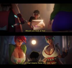 3d 3d_(artwork) american american_female asian asian_female big_breasts bigger_female blizzard_entertainment bottopbot2 breasts cartoon_character cartoon_network clothed clothed_female clothed_male delivery_boy delivery_employee donut donuts food foster's_home_for_imaginary_friends frankie_foster giantess green_hair green_hair_female height_difference japanese japanese_female kiriko_(overwatch) kiriko_kamori large_boobs large_breasts larger_female mini_giantess original_character overwatch overwatch_2 red_hair red_hair_female redhead_female scraggle shorter_male size_difference smaller_male someone_else's_oc video_game_character white_hair white_hair_male