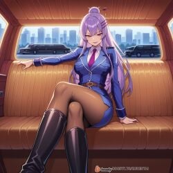 ai_generated boots breast_pockets breasts clothing crossed_legs female female_focus formal frolaytia_capistrano hair_pin heavy_object high_heels high_heels_boots huge_breasts legs limousine long_hair lying military military_uniform necktie on pantyhose purple_eyes seductive seductive_look seductive_pose sitting smile sofa suit thighs uniform