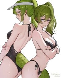 2girls arknights:_endfield arms_under_breasts ass back_to_back backside belly bikini breasts crocodile_tail crossover fluorite_(arknights:_endfield) green_eyes multiple_girls petite_female quilm side_ponytail small_ass small_breasts sousou_no_frieren sweaty_body swimsuit ubel_(sousou_no_frieren)