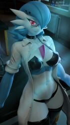 abs anthro athletic athletic_anthro athletic_female blue_body blue_hair coat female furry furry_female gardevoir glasses glowing glowing_eyes leaning looking_at_viewer medium_breasts night perky_breasts pokemon pokemon_(species) red_eyes samtrix smile smiling smiling_at_viewer solo solo_female thick_thighs thighhighs thighs thong thong_bikini tummy warfare_gardevoir warfaremachine_(modeler) white_body