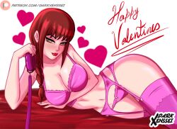 1girls big_breasts bottomwear bra braid braided_hair breasts chainsaw_man cleavage collar darkxenssei female_only garter_belt garter_straps hair heart hips holding_object leash leash_and_collar legwear lingerie lips makima_(chainsaw_man) on_side panties patreon pink_bra pink_garter_belt pink_garter_straps pink_panties pink_thighhighs red_hair solo solo_female thighhighs topwear valentine's_day white_background wide_hips yellow_eyes