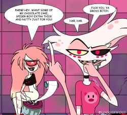 absurd_res angel_dust animal_humanoid anthro arachnid arachnid_humanoid arthropod arthropod_humanoid being_watched bottomwear bottomwear_down brush brushing cherri_bomb_(hazbin_hotel) clothed clothing cyclops demon dialogue duo english_text feces female freckles hazbin_hotel hellaverse hi_res humanoid loogerwoui looking_at_another male panties_on_floor pants pants_down partially_clothed profanity red_eyes scat scat_disposal spider spider_humanoid text toilet toilet_paper toilet_use wiping wiping_butt