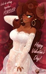 1girls auburn_hair black_lipstick blush dark-skinned_female dark_skin heart hoop_earrings lacy_dress large_breasts lipstick long-sleeved_dress long_hair long_sleeves mole mole_on_breast mole_on_face muffinknight patreon patreon_username roxy_(muffinknight) shoulderless_dress text valentine's_day valentine's_day_card wedding_band wedding_dress wedding_ring white_dress wide_hips writing yellow_eyes